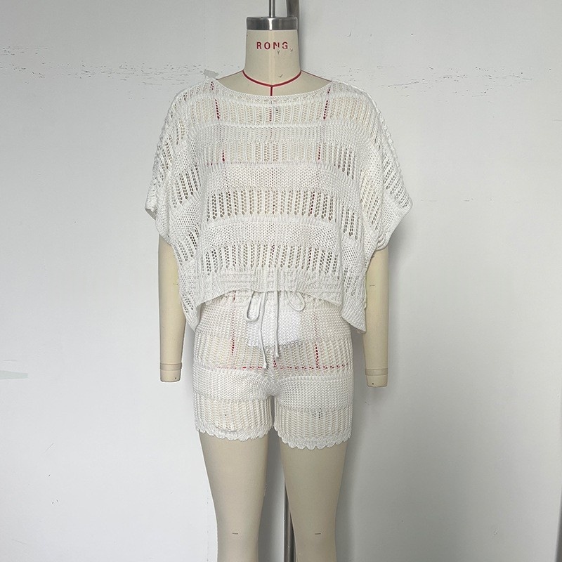 Womens Crochet Knit Two-Piece Set Beach Cover Up Short Sleeve Top with Shorts